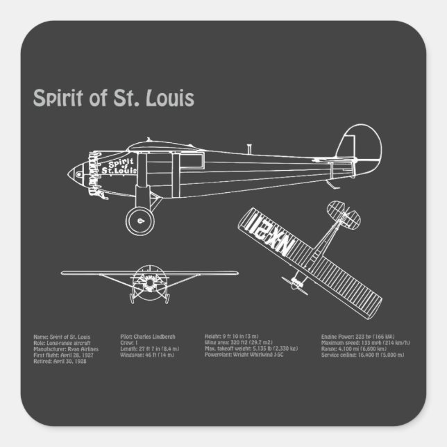 Adesivo Quadrado Espírito de Rua. Louis - Planos de Aeronave Bluepr (Frente)