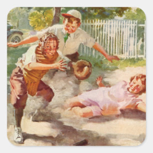 Adesivo Quadrado Esportes Vintage, Crianças Jogam Baseball Stickbal
