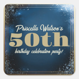 Adesivo Quadrado Espumante Azul e Festa de aniversário Dourada