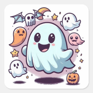 Adesivo Quadrado Esquadrão de Fantasmas Adoráveis de Halloween & Am