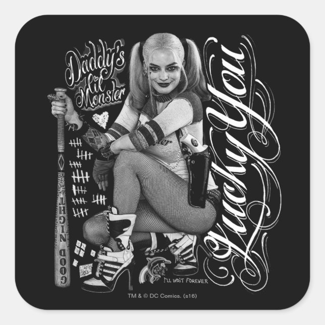 Adesivo Quadrado Esquadrão Suicida| Harley Quinn Typography Photo (Frente)