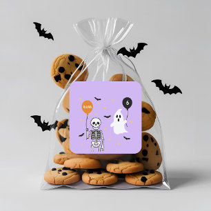 Adesivo Quadrado Esqueleto Bonito e Fantasma de Halloween Aniversár