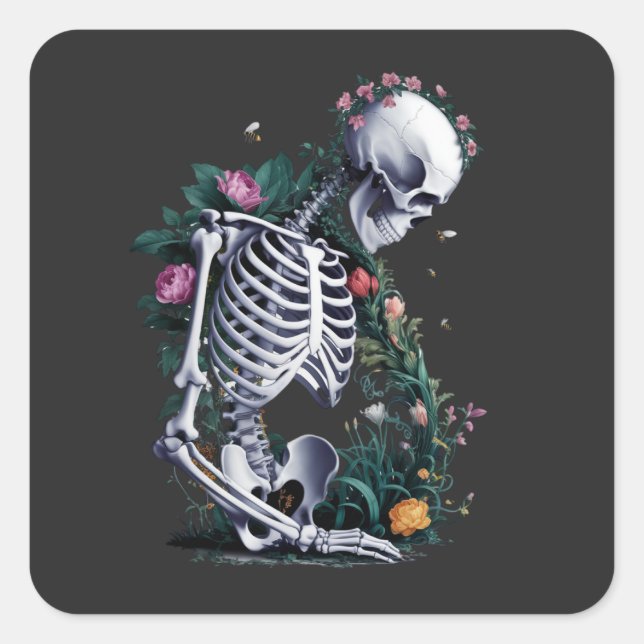 Adesivo Quadrado Esqueleto com Flores e Abelhas - Vida e morte (Frente)