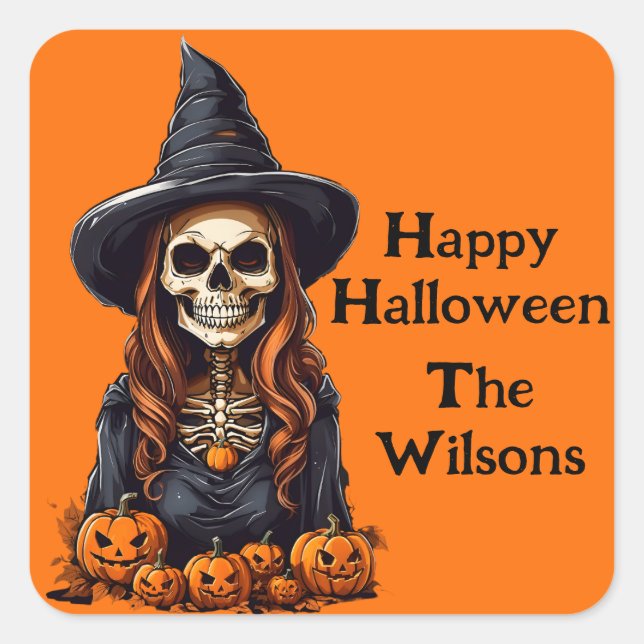 Adesivo Quadrado Esqueleto de Bruxa de Olhos Holbaixos (Frente)