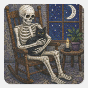 Adesivo Quadrado Esqueleto de Halloween em mosaico e gato preto