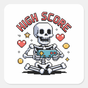 Adesivo Quadrado Esqueleto Gamer de Halloween Vídeo Jogos Pixel