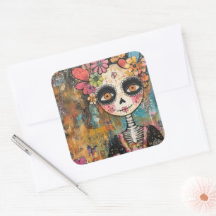 Adesivo Quadrado Esqueleto La Catrina com Coroa de Flores