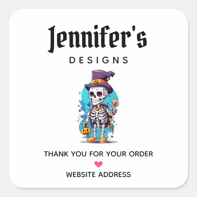 Adesivo Quadrado Esqueleto legal num negócio de Halloween de topo (Frente)
