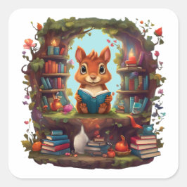 Adesivo Quadrado Esquilo Lendo Em Uma Prateleira de Livros Antiga