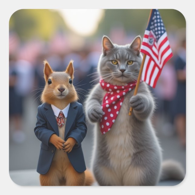 Adesivo Quadrado Esquilo Patriótico e Gato (Frente)