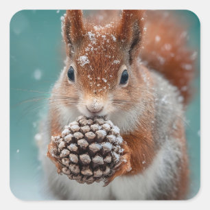 Adesivo Quadrado Esquilo Vermelho Adorável na Neve com um Pinecone