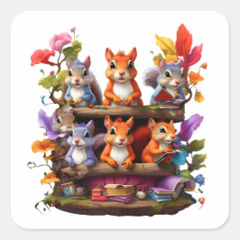 Adesivo Quadrado Esquilos Em Uma Estante De Madeira