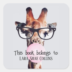 Adesivo Quadrado Este livro pertence a Girafa soprando chiclete
