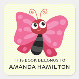 Adesivo Quadrado ESTE LIVRO PERTENCE A PINK CUTE BUTTERFLY Yellow