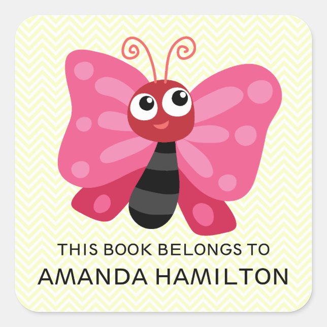 Adesivo Quadrado ESTE LIVRO PERTENCE A PINK CUTE BUTTERFLY Yellow (Frente)