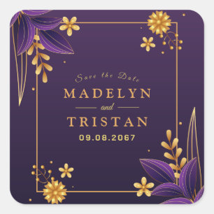 Adesivo Quadrado Estética Floral Roxa e Dourada para Casamento