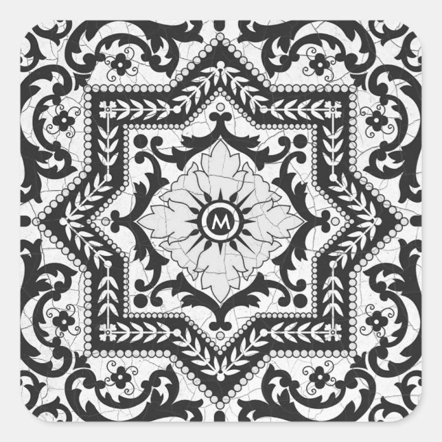 Adesivo Quadrado Estilo de Cerâmica Crachado Branco e Preto Azulejo (Frente)
