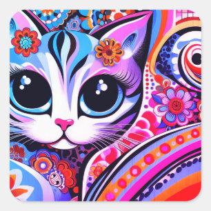 Adesivo Quadrado Estilo de Talavera Gatinho Gatinho Abstrato de Art