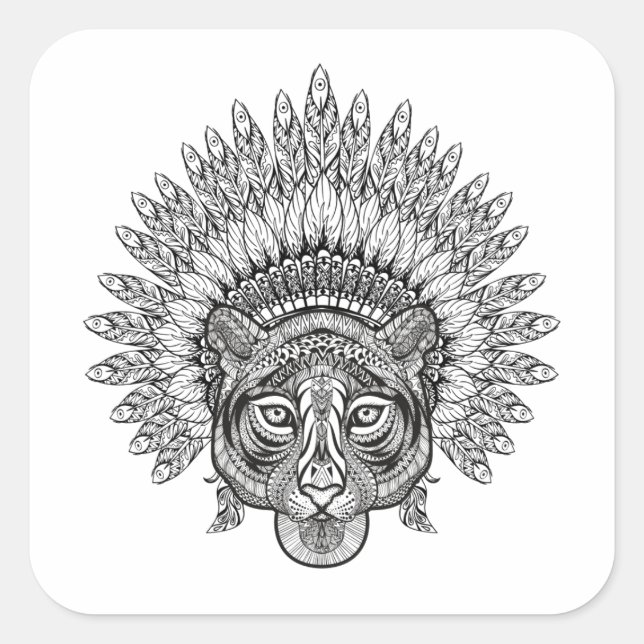 Adesivo Quadrado Estilo de Tigre Desenhado à Mão (Frente)