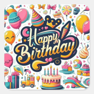 Adesivo Quadrado Estilo Retro Vibrante Feliz Aniversário
