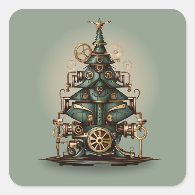 Adesivo Quadrado Estilo Retroativo da Árvore de Natal Steampunk (Frente)