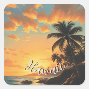 Adesivo Quadrado Estilo Vintage Havaiano Viagem Costa Mar Pôr-do-So