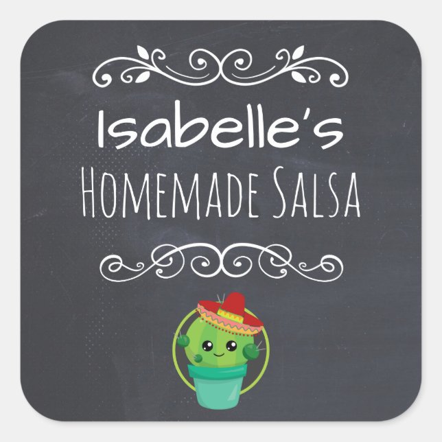 Adesivo Quadrado Estilo Vintage Salsa com Cactus em Sombrero (Frente)