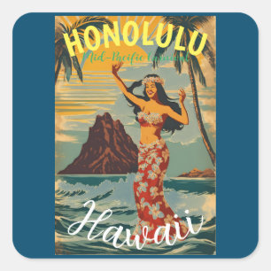 Adesivo Quadrado Estilo Vintage Viagem Honolulu Médio Havaiano - Pa