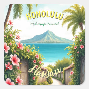 Adesivo Quadrado Estilo Vintage Viagem Honolulu Médio Havaiano - Pa