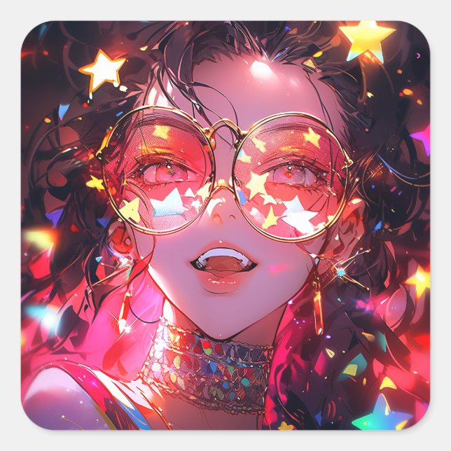 Adesivo Quadrado Estrelas de Meninas de Anime (Frente)