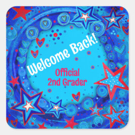 Adesivo Quadrado Estrelas Vermelhas Azuis Personalizadas Bem-Vindo 