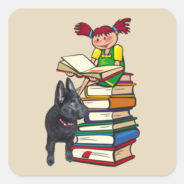 Adesivo Quadrado Estudo Buddy GSD Puppy e School Girl em livros (Frente)