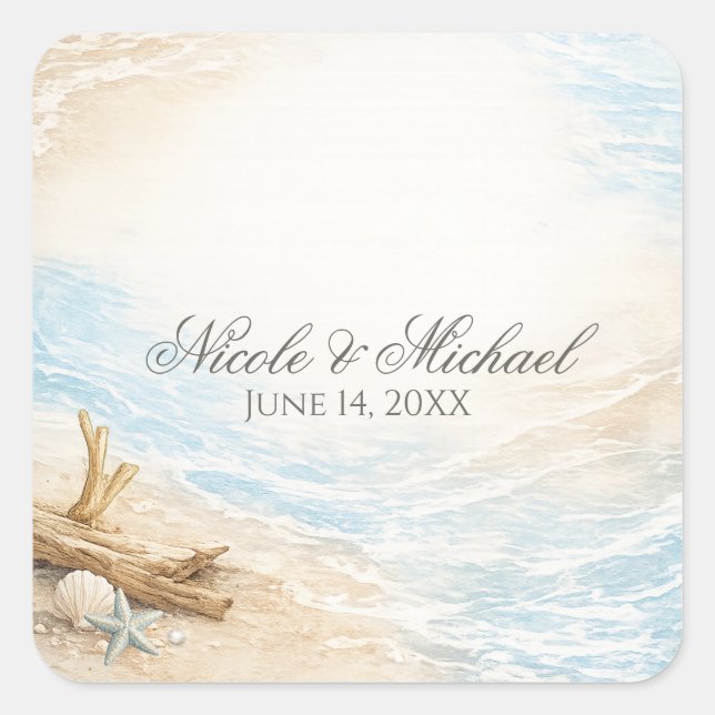 Adesivo Quadrado Eterntal Tides Coastal Watercolor Beach Wedding (Frente)