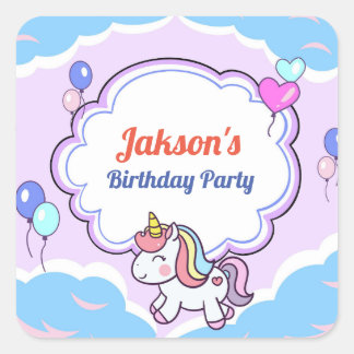 Adesivo Quadrado Etiqueta/Etiqueta de Festa de aniversário Unicorn