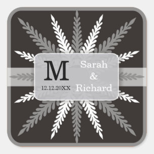 Adesivo Quadrado Etiqueta-Prata Monogrammed do casamento no preto