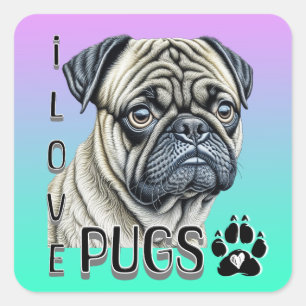 Adesivo Quadrado Eu Adoro Pugs   Proprietários De Cachorros Cortos