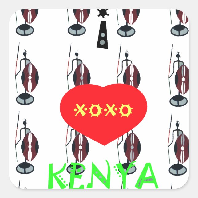 Adesivo Quadrado Eu amo o Kenya XOXO Maasai com escudo e lança (Frente)