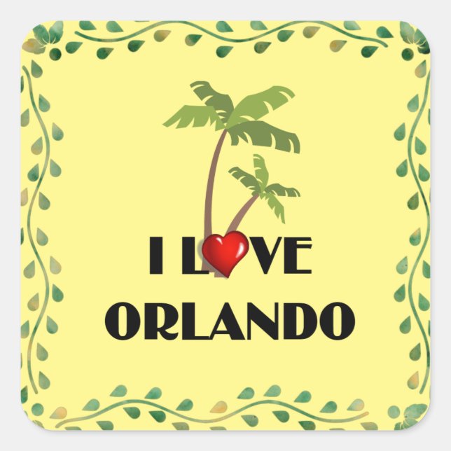 Adesivo Quadrado Eu Amo Orlando, design tropical (Frente)