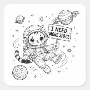 Adesivo Quadrado Eu Preciso de Mais Espaço Gato Astronauta Engraçad