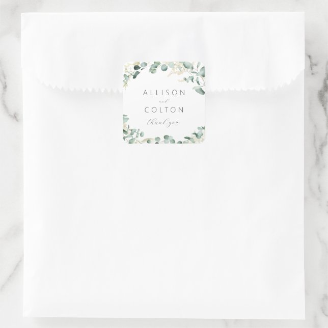 Adesivo Quadrado Eucalipto russo verde boho, favor de casamento (Bolsa)