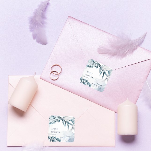 Adesivo Quadrado Eucalyptus Deixa O Casamento Azul Dusty Obrigado (Eucalyptus Leaves Dusty Blue Wedding Thank You Square Sticker)