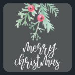 Adesivo Quadrado Evergreen Christmas Sticker Slate<br><div class="desc">Holiday Sticker que diz "natal alegre" numa letra com escrita de pincel com folhagem de inverno com aquarela. Perfeito para selar envelopes! Visite o resto desta coleção para ver mais itens correspondentes.</div>
