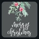 Adesivo Quadrado Evergreen Christmas Sticker Slate<br><div class="desc">Holiday Sticker que diz "natal alegre" numa letra com escrita de pincel com folhagem de inverno com aquarela. Perfeito para selar envelopes! Visite o resto desta coleção para ver mais itens correspondentes.</div>