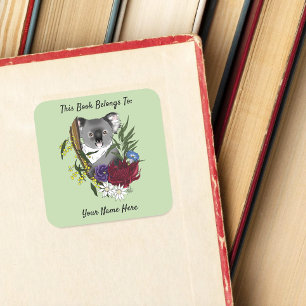 Adesivo Quadrado Ex-libris Australiano Verde Urso Coala Fofo