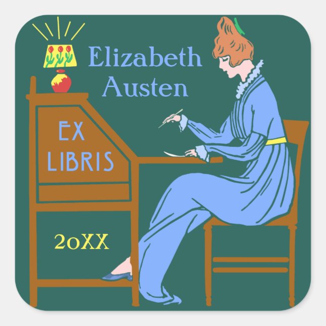 Adesivo Quadrado Ex Libris Bookplate Deco Lady Escrevendo Mesa Pers (Frente)