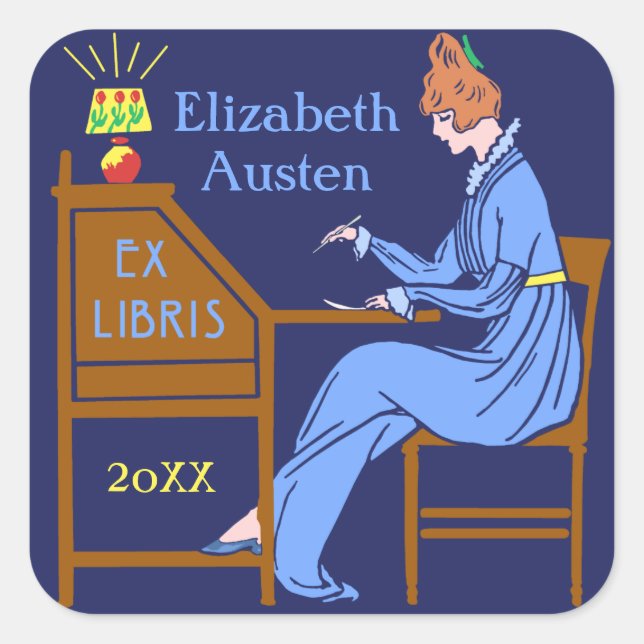 Adesivo Quadrado Ex Libris Bookplate Deco Lady Escrevendo Mesa Pers (Frente)