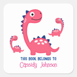 Adesivo Quadrado Ex-libris da família de dinossauro rosa para menin