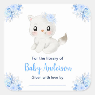 Adesivo Quadrado Ex-libris de Chá de Bebê Gatinho no Inverno Mágico