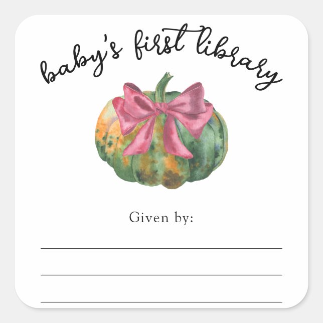 Adesivo Quadrado Ex-libris de Chás de Bebê com arco de abóbora aqua (Frente)