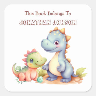 Adesivo Quadrado Ex libris de Dinossauro Fofo para Crianças